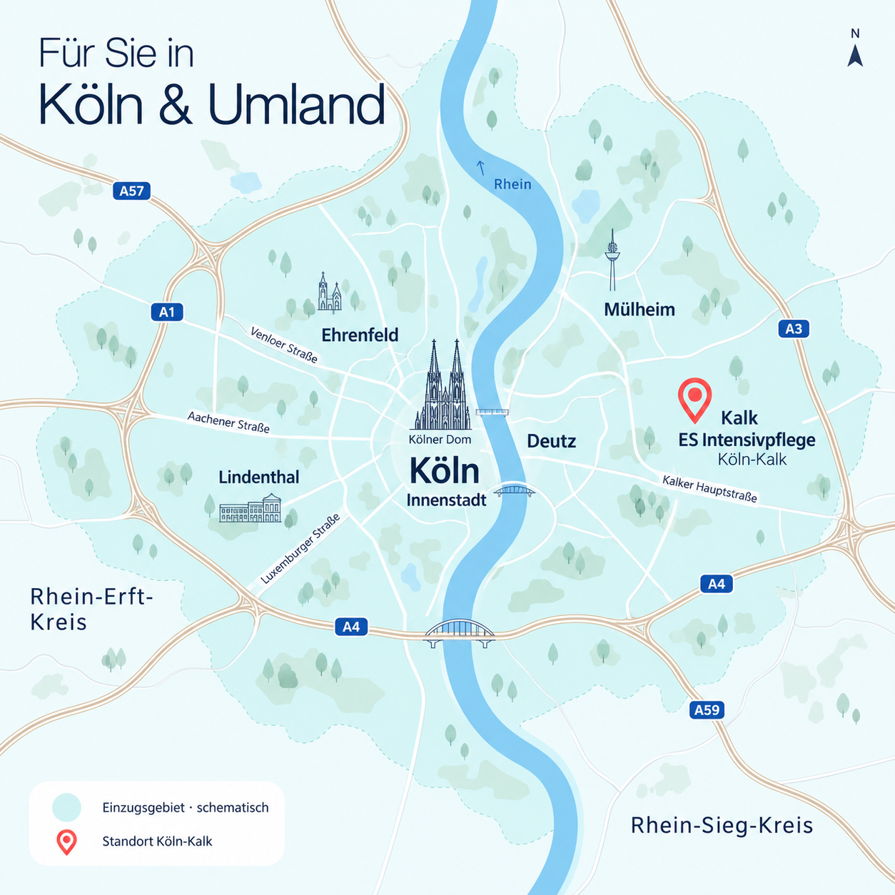Schematische Karte: Einzugsgebiet Köln und Umland mit Standort ES Intensivpflege in Köln-Kalk