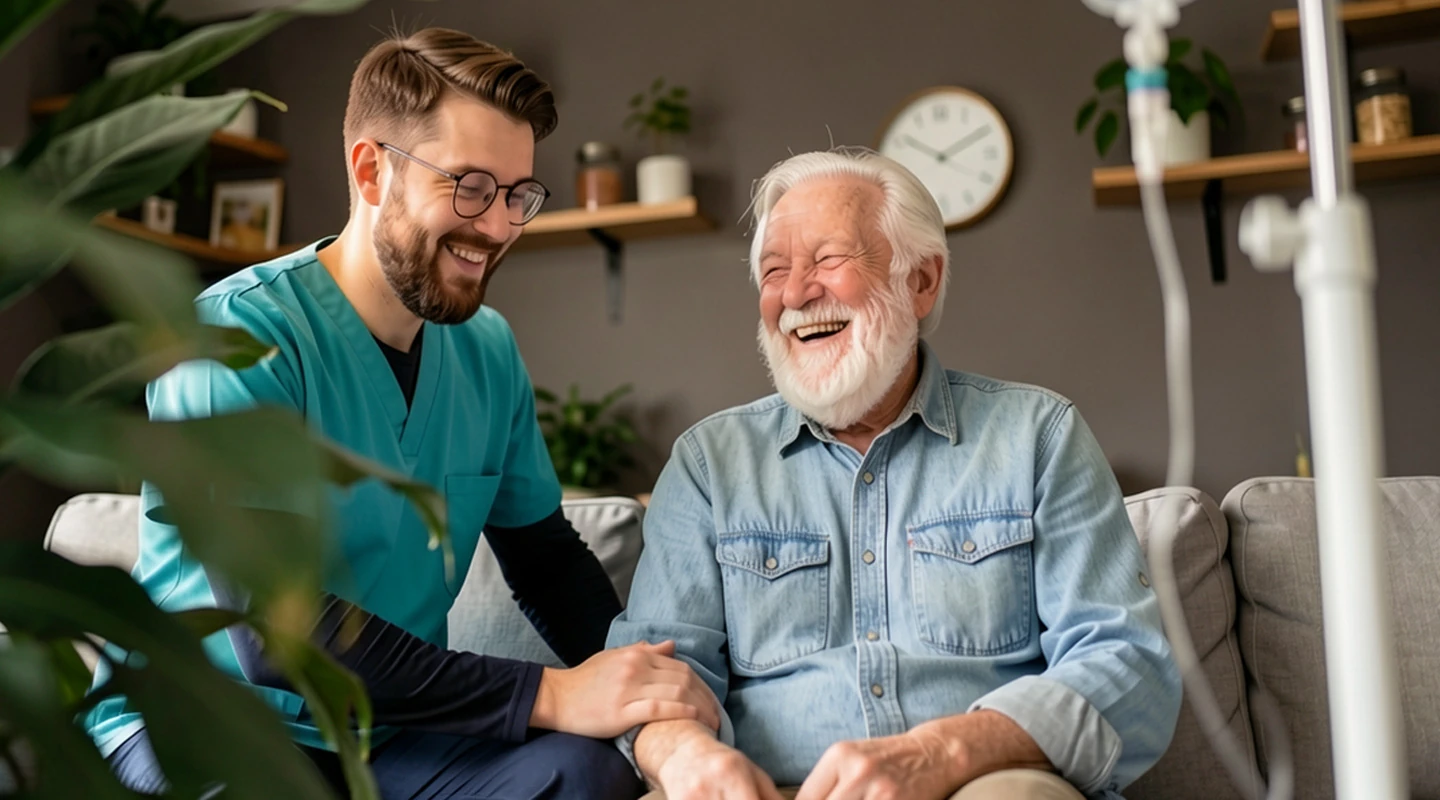 Pflegefachkraft und älterer Patient lachen gemeinsam im häuslichen Umfeld