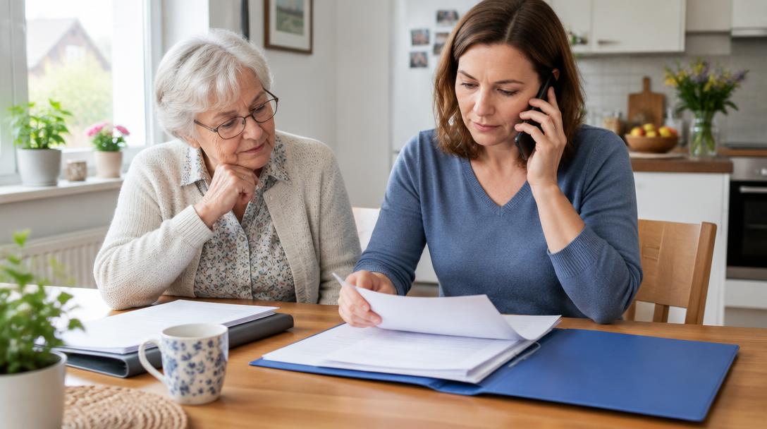 Angehörige klärt mit einer Seniorin Unterlagen zu Kosten und Kassenleistungen